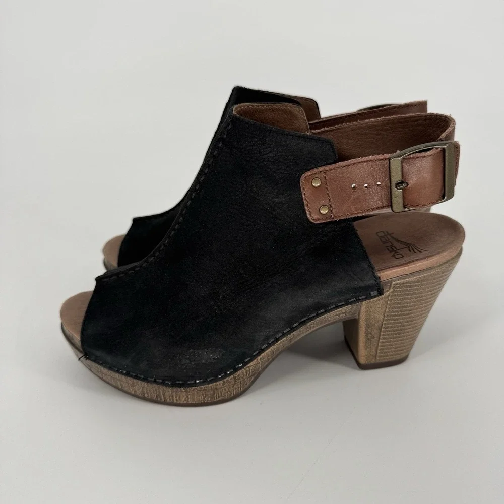 Dansko Reggie Black‎ Nubuck Leather Slingback Peep Toe Clogs Sandals Heels EU 38